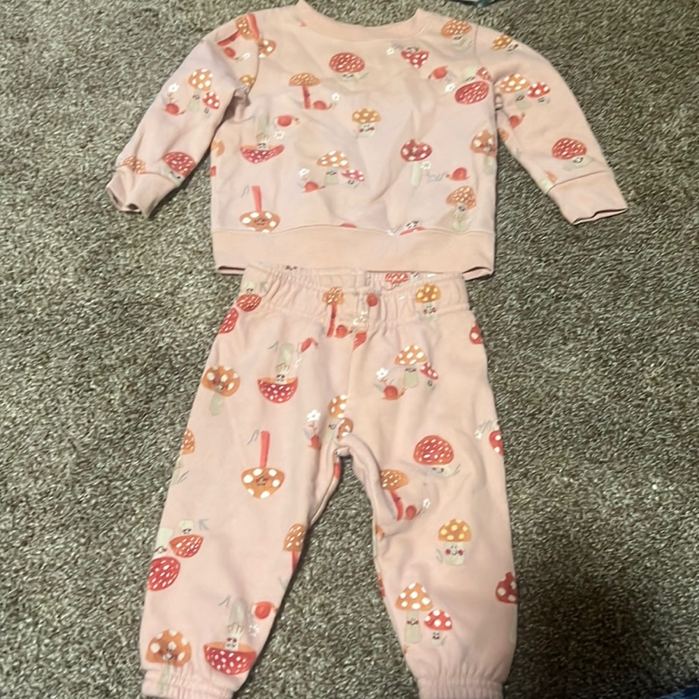 Matching pink and mushroom sweatsuit